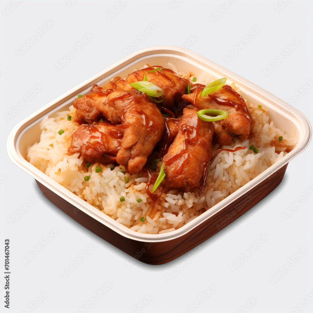 Box of spicey chicken with rice isolated on transparent background created with Generative Ai Box of spicey chicken with rice isolated on transparent background created with Generative Ai