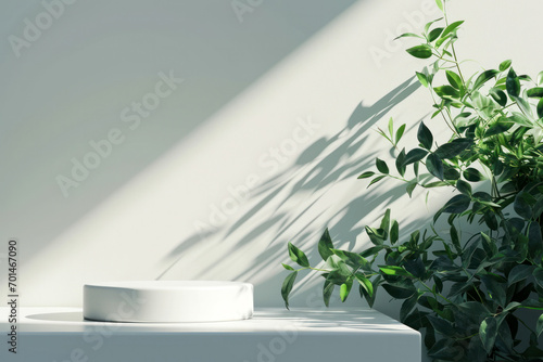 Green leaves and stone slabs product display, white podium and platforms