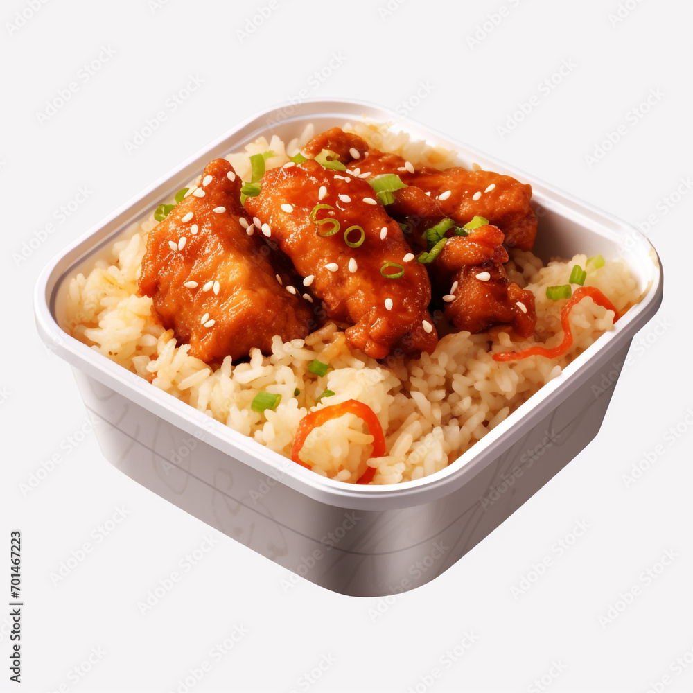 Box of spicey chicken with rice isolated on transparent background created with Generative Ai Box of spicey chicken with rice isolated on transparent background created with Generative Ai