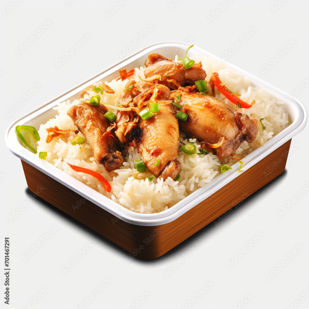 Box of spicey chicken with rice isolated on transparent background created with Generative Ai Box of spicey chicken with rice isolated on transparent background created with Generative Ai