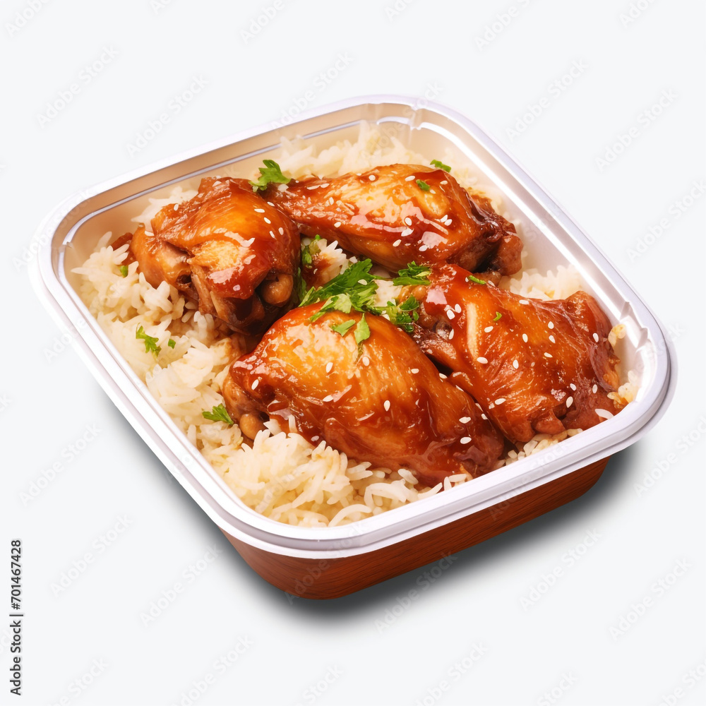 Box of spicey chicken with rice isolated on transparent background created with Generative Ai Box of spicey chicken with rice isolated on transparent background created with Generative Ai
