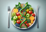 GMO food and Genetically modified crops or engineered agriculture concepts fruit and vegetables as a DNA strand