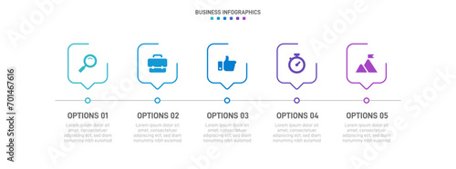 Timeline infographic with infochart. Modern presentation template with 5 spets for business process. Website template on white background for concept modern design. Horizontal layout. photo
