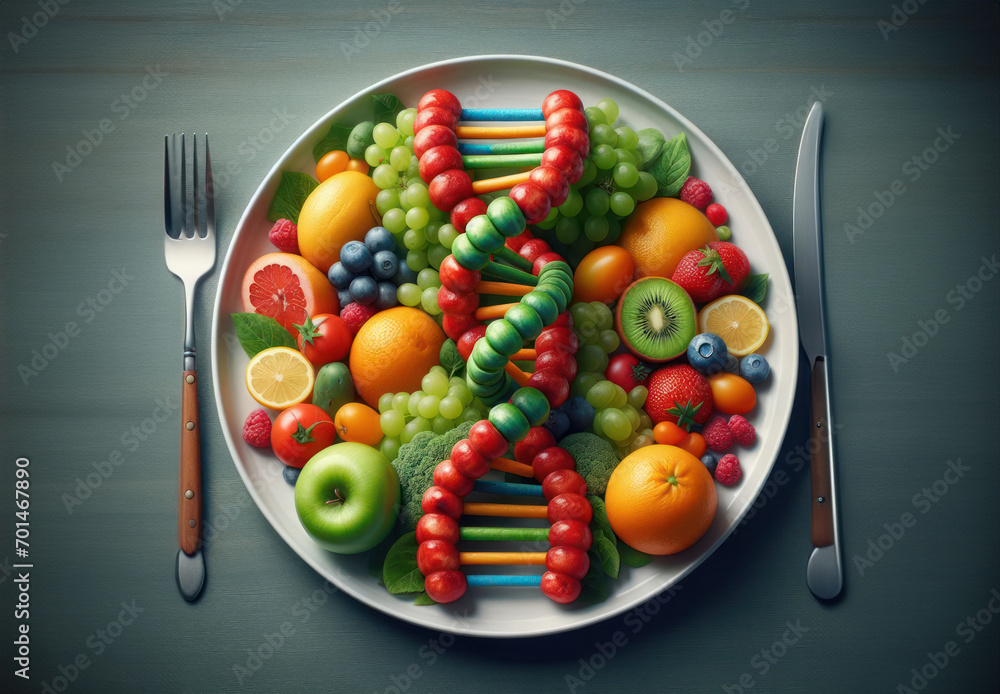 GMO food and Genetically modified crops or engineered agriculture concepts fruit and vegetables as a DNA strand GMO food and Genetically modified crops or engineered agriculture concepts fruit and vegetables as a DNA strand