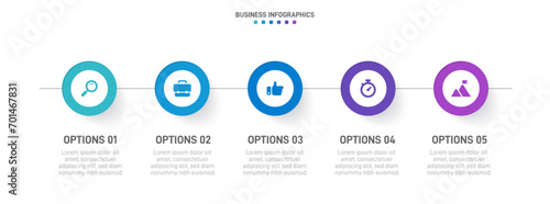 Timeline infographic with infochart. Modern presentation template with 5 spets for business process. Website template on white background for concept modern design. Horizontal layout.