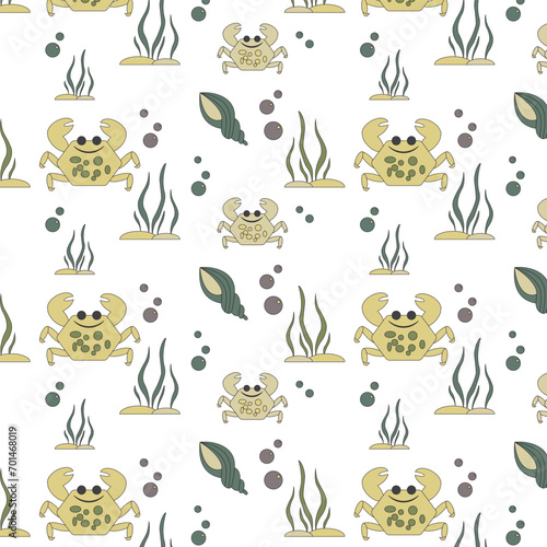 Seamless pattern with crabs, shells and seaweed