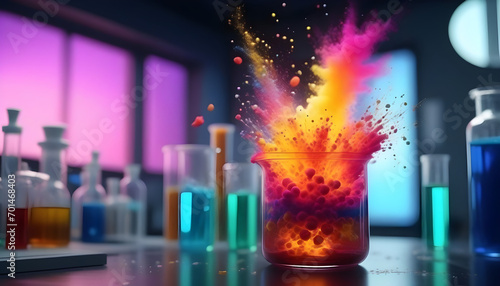 Vivid colorful explosion in lab beaker.