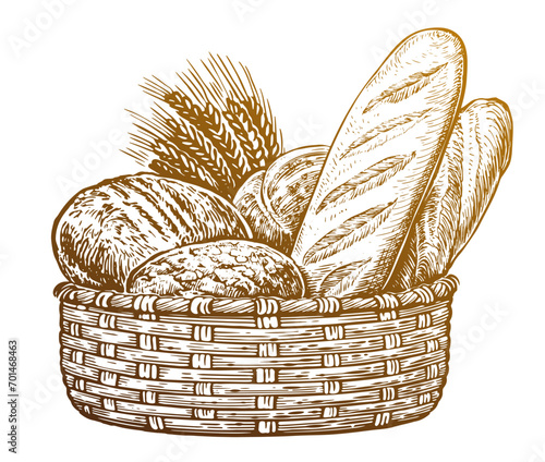 Basket with fresh baked bread and wheat. Vector illustration for bakery shop