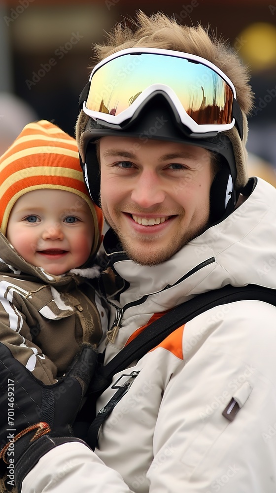 Pure joy and winter fun captured in a delightful image of a father and child joyfully skiing outdoors. A heartwarming portrayal of winter delights. Vertical shot Pure joy and winter fun captured in a delightful image of a father and child joyfully skiing outdoors. A heartwarming portrayal of winter delights. Vertical shot