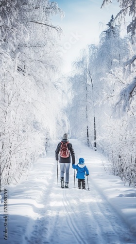 Pure joy and winter fun captured in a delightful image of a mother and child joyfully skiing outdoors. A heartwarming portrayal of winter delights. Vertical shot