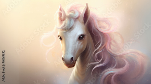 Illustration of a baby unicorn with mane and horn in pastel colors generative ai