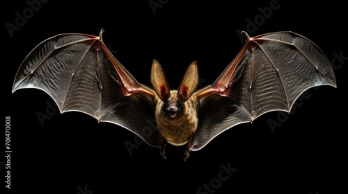 A bat with spread wings in darkness, showcasing the detailed texture of its skin generative ai