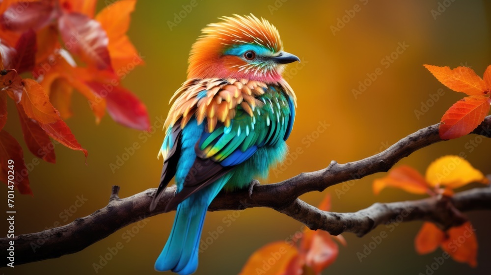 A brightly colored bird perched on a branch, showing off the intricate texture of its feathers. generative ai A brightly colored bird perched on a branch, showing off the intricate texture of its feathers. generative ai