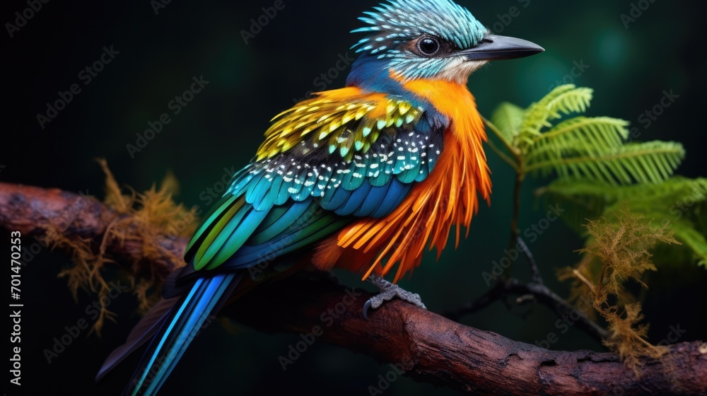 Fototapeta premium A brightly colored bird perched on a branch, showing off the intricate texture of its feathers. generative ai