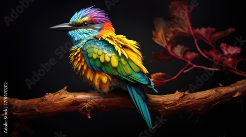A brightly colored bird perched on a branch, showing off the intricate texture of its feathers. generative ai