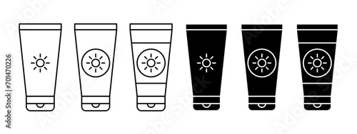 sunscreen tube vector icon set. summer beach sunblock body care cream sign. Sun protection sunscreen vector symbol in black and white color