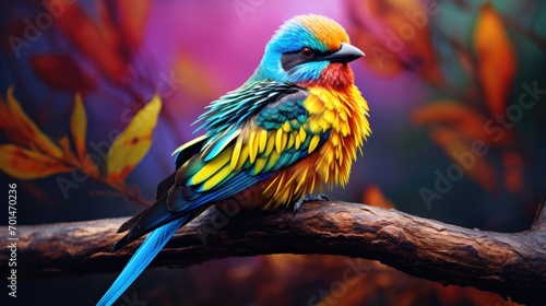 A brightly colored bird perched on a branch, showing off the intricate texture of its feathers. generative ai