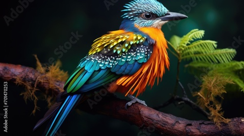 A brightly colored bird perched on a branch, showing off the intricate texture of its feathers. generative ai © Francheska
