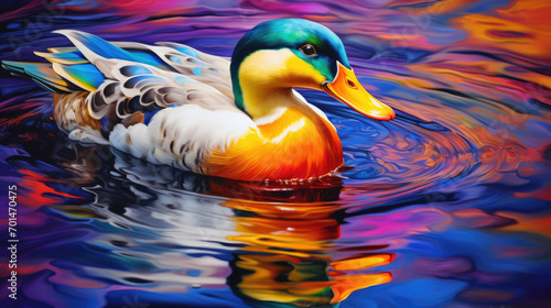 A brightly colored duck swimming in a pond, capturing the vivacity of its feathers generative ai
