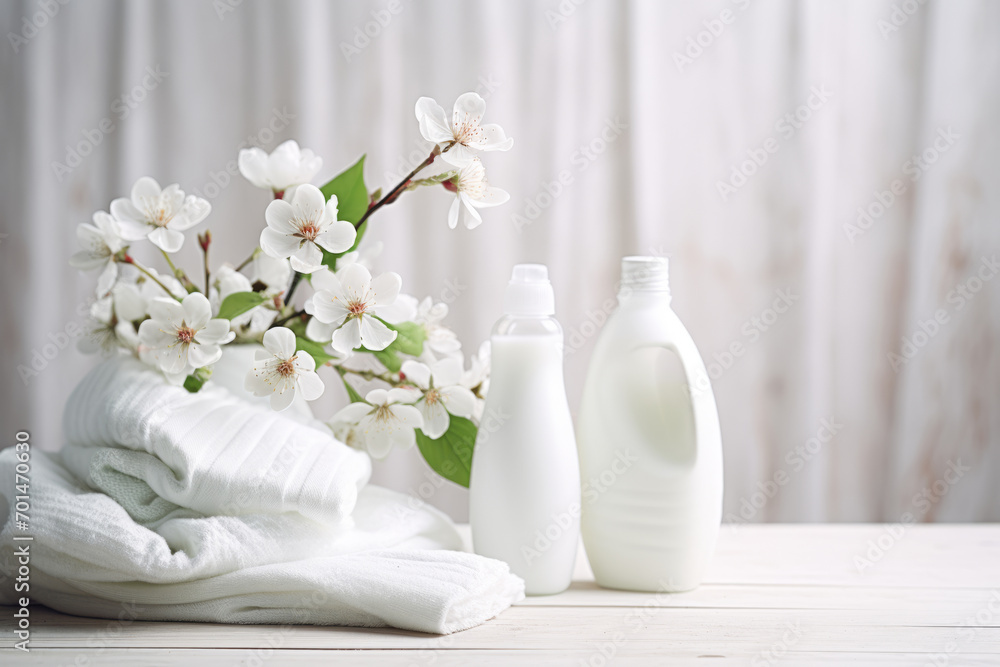 Bottle of laundry detergent, towels and beautiful flowers on wooden table. Generative AI Bottle of laundry detergent, towels and beautiful flowers on wooden table. Generative AI