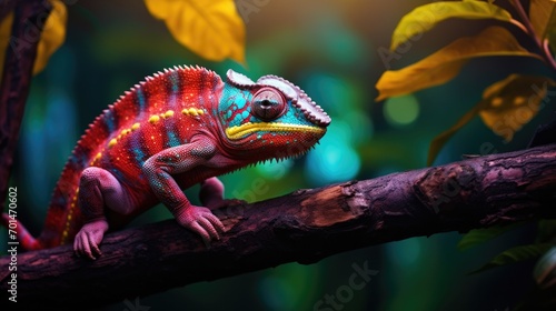 A chameleon on a branch with vivid colors seamlessly blending with its surroundings generative ai