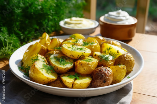 Boiled potatoes with sauce. Plate of tasty potatoes on sunny light background. Generative AI