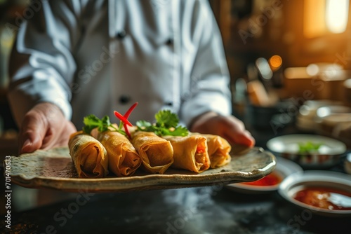 Asian Gastronomic Elegance: Chef Presents Chun Juan Spring Rolls - A Culinary Showcase of Gourmet Expertise, Displaying the Artistry of Asian Cuisine in a Plate.