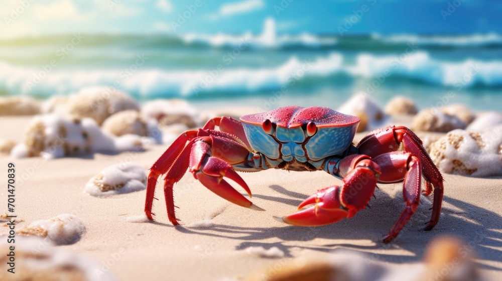 A crab in bright tones on the beach, showcasing the texture of its shell and claws generative ai A crab in bright tones on the beach, showcasing the texture of its shell and claws generative ai