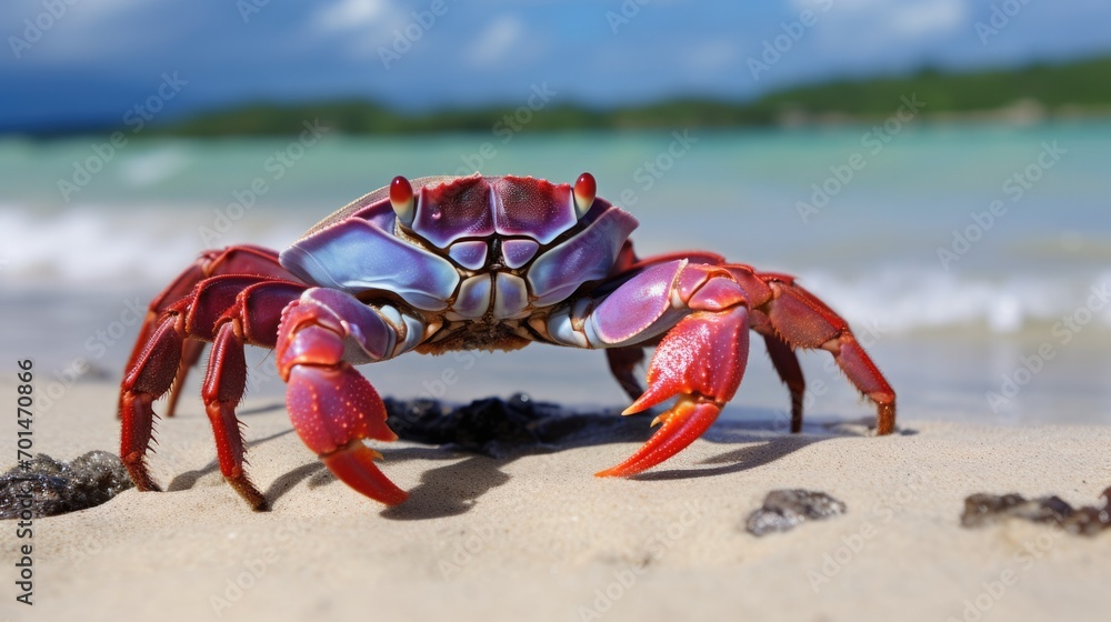 A crab in bright tones on the beach, showcasing the texture of its shell and claws generative ai