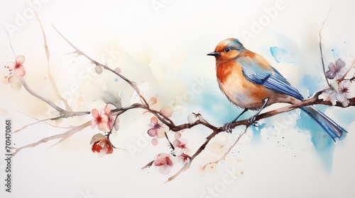 A watercolor bird on a tree branch © progressman