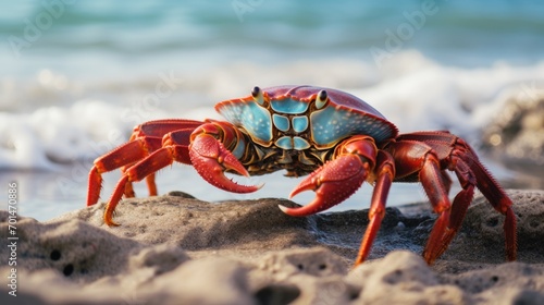 A crab in bright tones on the beach, showcasing the texture of its shell and claws generative ai