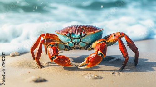 A crab in bright tones on the beach  showcasing the texture of its shell and claws generative ai