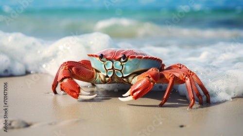A crab in bright tones on the beach, showcasing the texture of its shell and claws generative ai