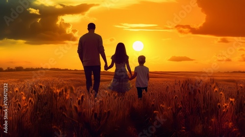 Happy family father, mother and little son are in a wheat field, holding hands. Silhouette of a man, woman and child at sunset.