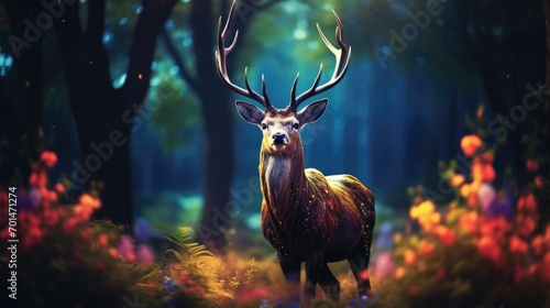 A deer with multicolored antlers in a forest clearing, showing its natural grace generative ai photo