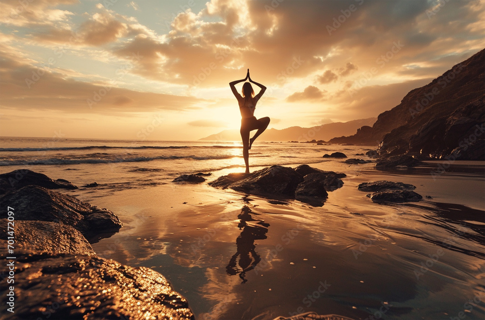 Yoga woman meditating on the beach at sunset. Healthy lifestyle