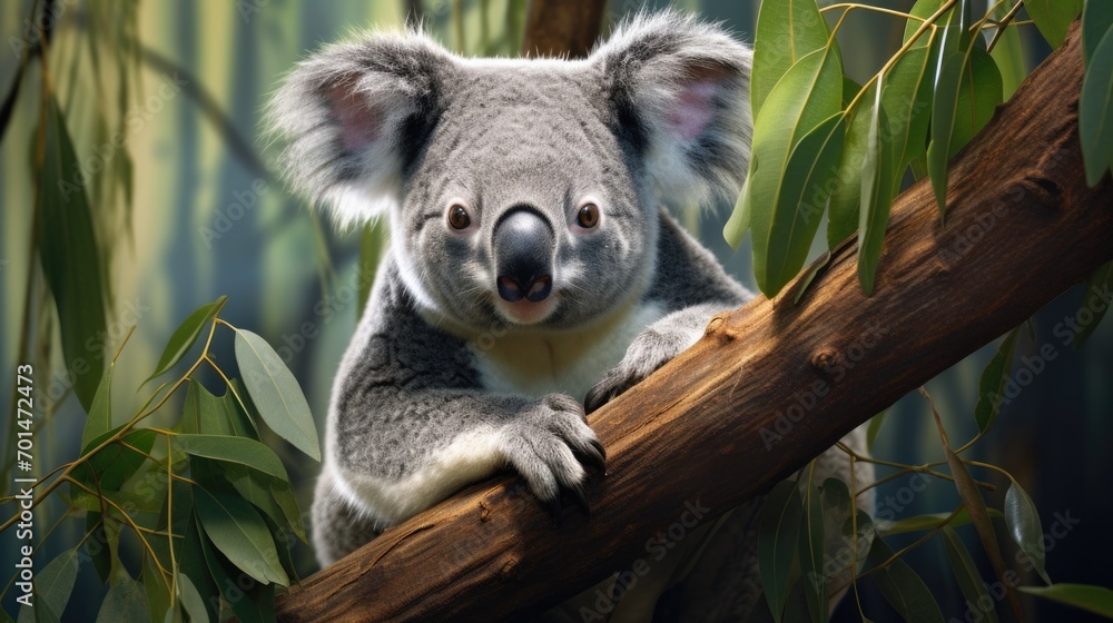 Naklejka premium A koala with gray and white fur in a eucalyptus setting, highlighting its expressive eyes generative ai