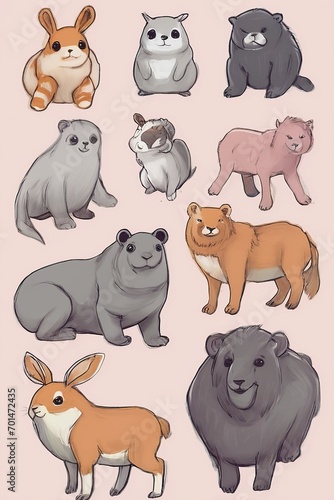 Pastel-toned illustrations of cute, plump animals