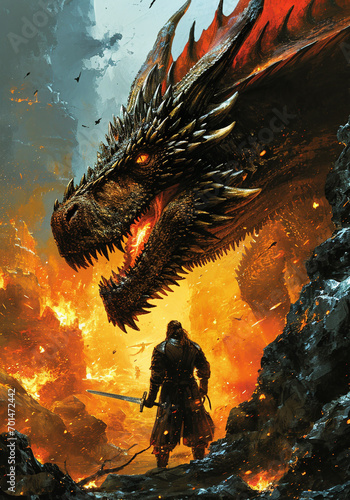 A cover displaying intricate, intertwining swords against a backdrop of regal banners and fierce dragons, representing power struggles and epic fantasy, set against a vivid and detailed scene © Masson