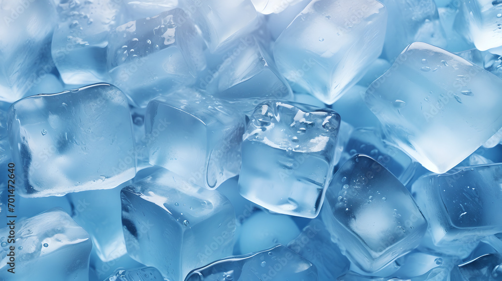 Obraz premium Frozen cubes for beverages - close up of ice cubes on blue background
