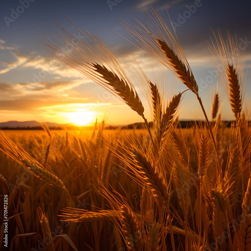 golden wheat field at sunset - wheat waving lightly in the wind photo