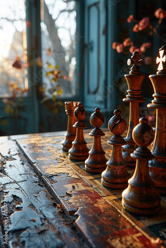 Displaying a chessboard with scattered pieces, emphasizing strategic placement and symbolizing intricate power dynamics, set against a compelling and detailed background
