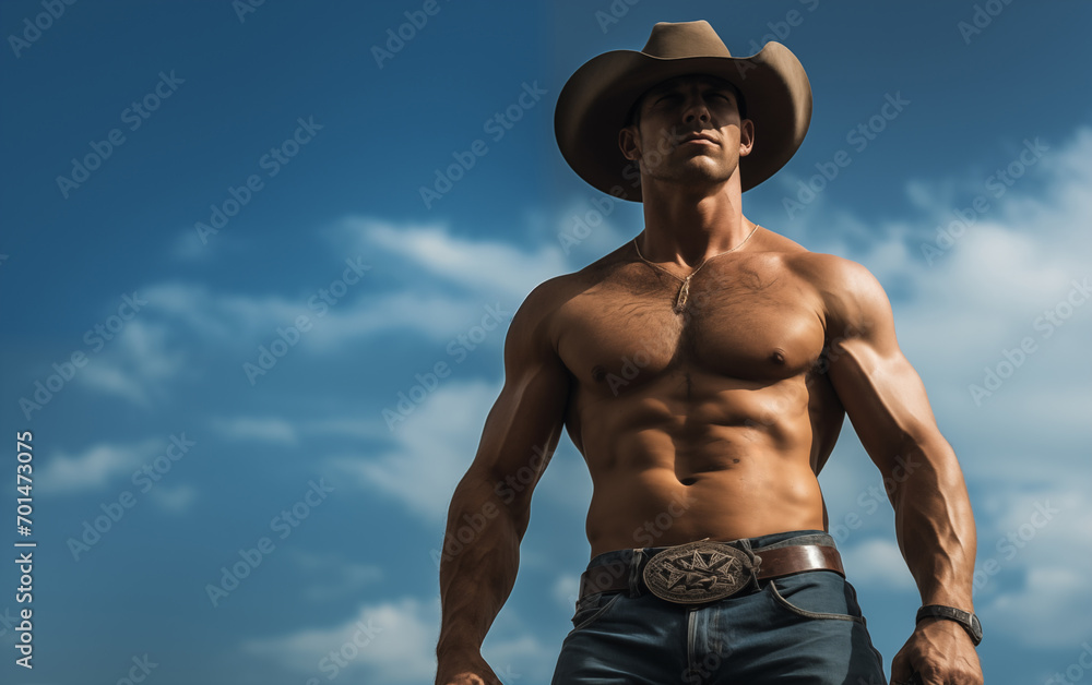 Portrait of cowboy with strong muscle. Generative AI