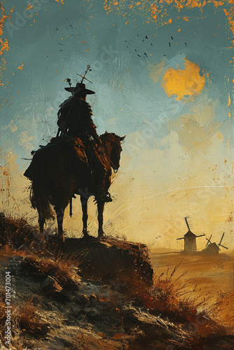 A cover featuring a silhouette of a knight on horseback against a backdrop of windmills and rolling hills, capturing the essence of Don Quixote's adventurous spirit photo