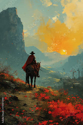 A cover featuring a silhouette of a knight on horseback against a backdrop of windmills and rolling hills, capturing the essence of Don Quixote's adventurous spirit