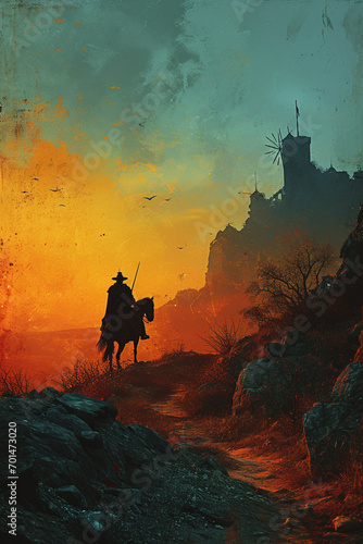 A cover featuring a silhouette of a knight on horseback against a backdrop of windmills and rolling hills, capturing the essence of Don Quixote's adventurous spirit