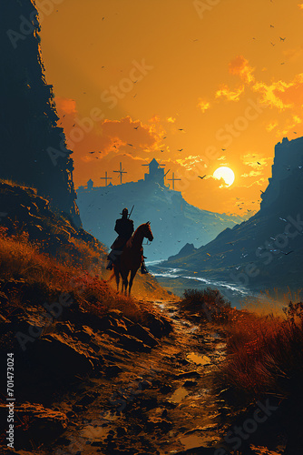 A cover featuring a silhouette of a knight on horseback against a backdrop of windmills and rolling hills, capturing the essence of Don Quixote's adventurous spirit
