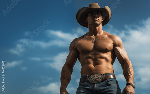 Portrait of cowboy with strong muscle. Generative AI photo
