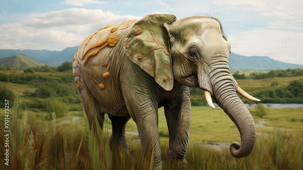 Fototapeta premium A little elephant with pastel colors in a green landscape, showcasing the realistic wrinkles in its skin generative ai