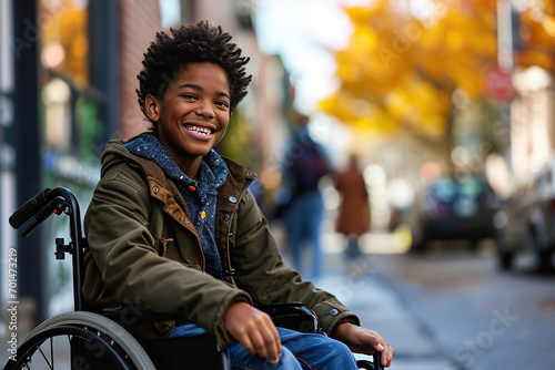 Teenage boy in wheelchair smiling looking at camera